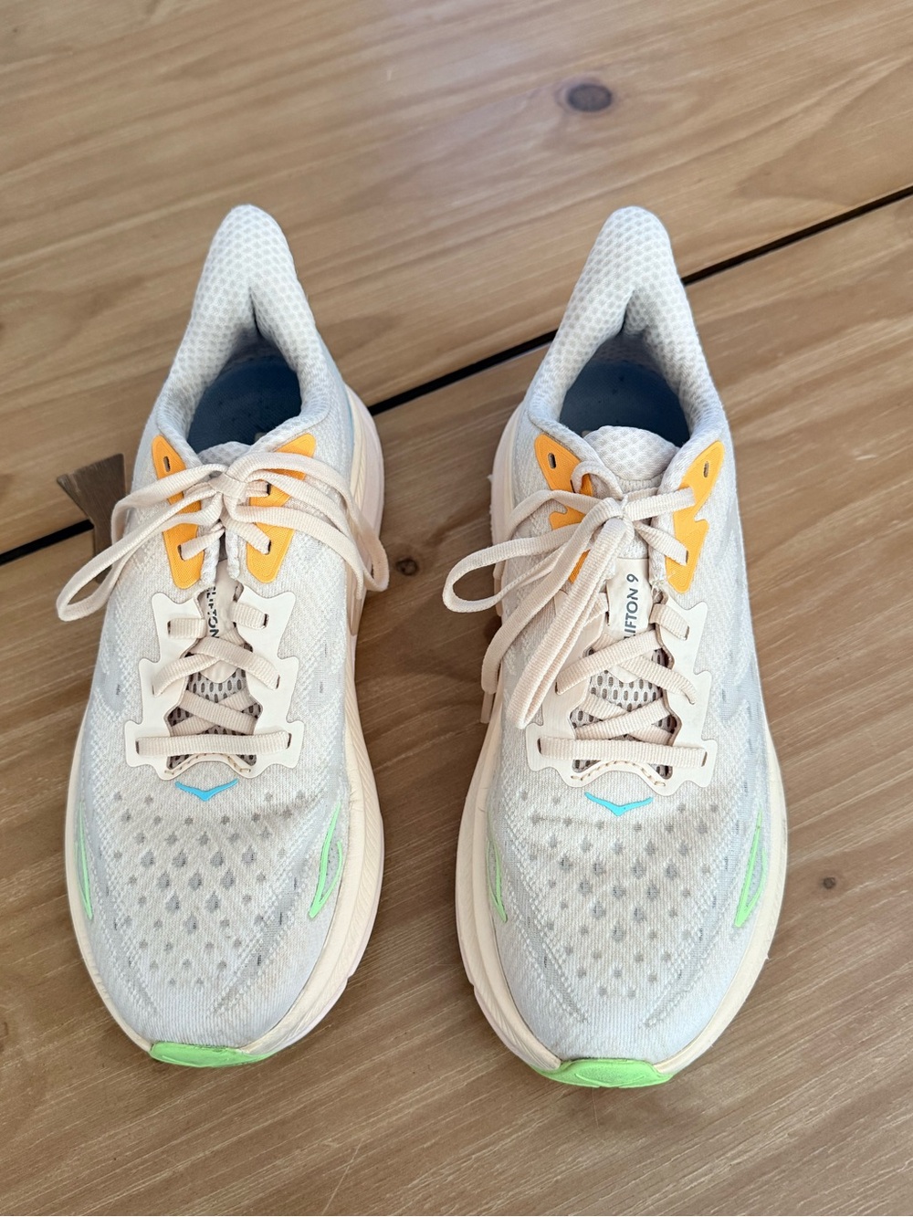 Hoka Clifton 9 Running Shoes - Light Peach with Grey with Yellow Green Accents
